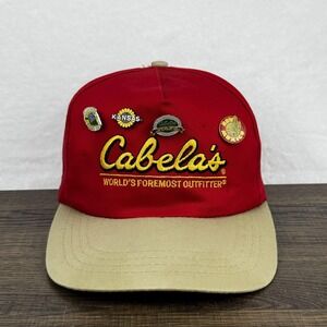 Vintage Cabela's Hat Cap Strap Back Mens One Size‎ Red Tan Pins Outdoor 90s